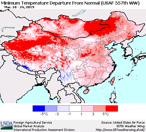 China and Taiwan Minimum Temperature Departure From Normal (USAF 557th WW) Thematic Map For 3/18/2019 - 3/24/2019