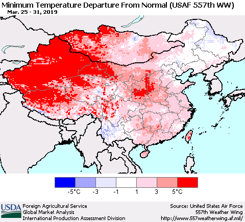 China and Taiwan Minimum Temperature Departure From Normal (USAF 557th WW) Thematic Map For 3/25/2019 - 3/31/2019