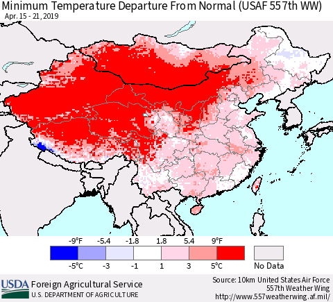 China and Taiwan Minimum Temperature Departure From Normal (USAF 557th WW) Thematic Map For 4/15/2019 - 4/21/2019