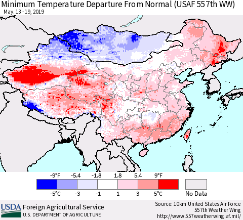 China and Taiwan Minimum Temperature Departure From Normal (USAF 557th WW) Thematic Map For 5/13/2019 - 5/19/2019