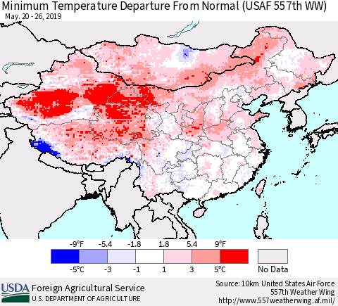 China, Mongolia and Taiwan Mean Minimum Temperature Departure from Normal (USAF 557th WW) Thematic Map For 5/20/2019 - 5/26/2019