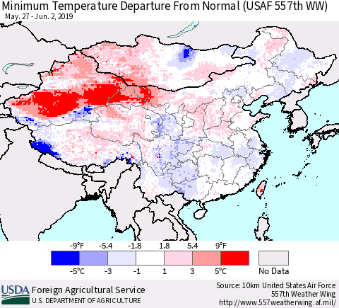 China and Taiwan Minimum Temperature Departure From Normal (USAF 557th WW) Thematic Map For 5/27/2019 - 6/2/2019