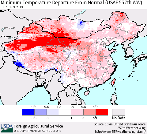 China and Taiwan Minimum Temperature Departure From Normal (USAF 557th WW) Thematic Map For 6/3/2019 - 6/9/2019
