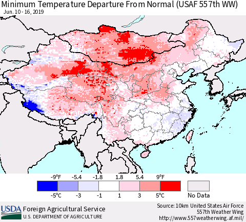 China and Taiwan Minimum Temperature Departure From Normal (USAF 557th WW) Thematic Map For 6/10/2019 - 6/16/2019
