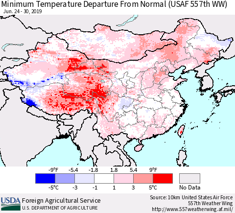 China, Mongolia and Taiwan Mean Minimum Temperature Departure from Normal (USAF 557th WW) Thematic Map For 6/24/2019 - 6/30/2019