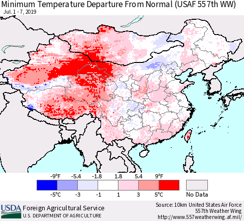 China and Taiwan Minimum Temperature Departure From Normal (USAF 557th WW) Thematic Map For 7/1/2019 - 7/7/2019