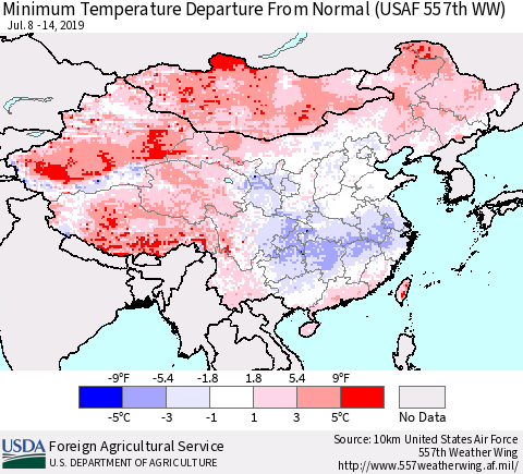 China and Taiwan Minimum Temperature Departure From Normal (USAF 557th WW) Thematic Map For 7/8/2019 - 7/14/2019