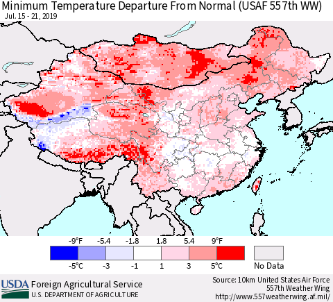 China, Mongolia and Taiwan Mean Minimum Temperature Departure from Normal (USAF 557th WW) Thematic Map For 7/15/2019 - 7/21/2019