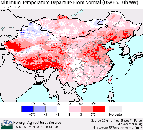 China and Taiwan Minimum Temperature Departure From Normal (USAF 557th WW) Thematic Map For 7/22/2019 - 7/28/2019