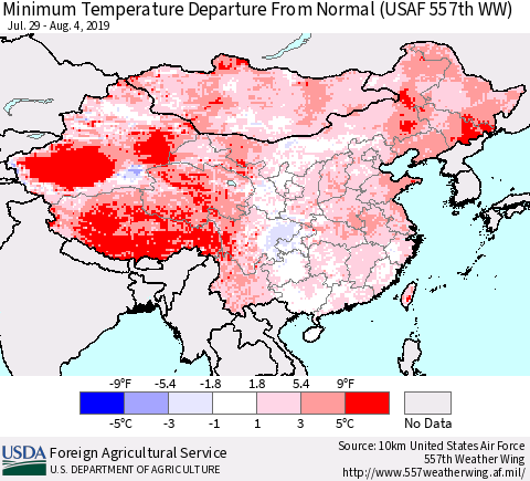 China and Taiwan Minimum Temperature Departure From Normal (USAF 557th WW) Thematic Map For 7/29/2019 - 8/4/2019
