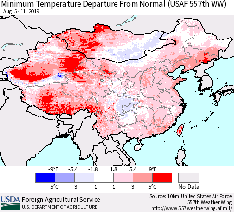 China, Mongolia and Taiwan Mean Minimum Temperature Departure from Normal (USAF 557th WW) Thematic Map For 8/5/2019 - 8/11/2019