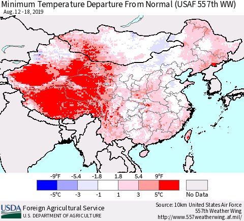 China and Taiwan Minimum Temperature Departure From Normal (USAF 557th WW) Thematic Map For 8/12/2019 - 8/18/2019
