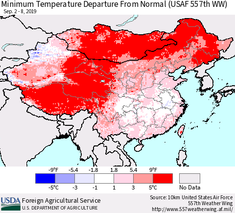 China and Taiwan Minimum Temperature Departure From Normal (USAF 557th WW) Thematic Map For 9/2/2019 - 9/8/2019
