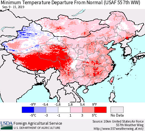 China and Taiwan Minimum Temperature Departure From Normal (USAF 557th WW) Thematic Map For 9/9/2019 - 9/15/2019