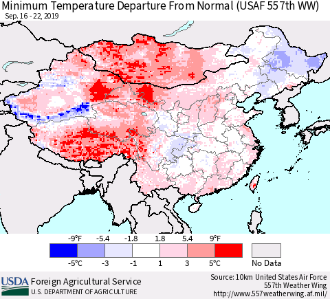 China and Taiwan Minimum Temperature Departure From Normal (USAF 557th WW) Thematic Map For 9/16/2019 - 9/22/2019
