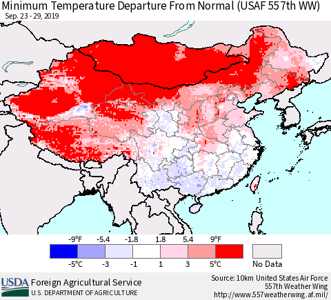 China and Taiwan Minimum Temperature Departure From Normal (USAF 557th WW) Thematic Map For 9/23/2019 - 9/29/2019