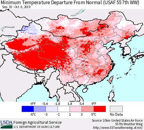 China and Taiwan Minimum Temperature Departure From Normal (USAF 557th WW) Thematic Map For 9/30/2019 - 10/6/2019