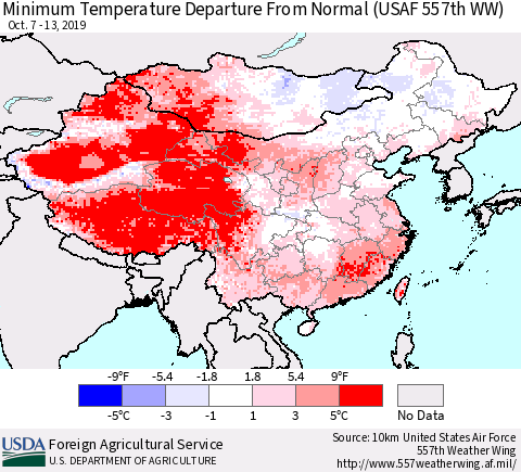China, Mongolia and Taiwan Mean Minimum Temperature Departure from Normal (USAF 557th WW) Thematic Map For 10/7/2019 - 10/13/2019