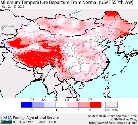 China and Taiwan Minimum Temperature Departure From Normal (USAF 557th WW) Thematic Map For 10/21/2019 - 10/27/2019