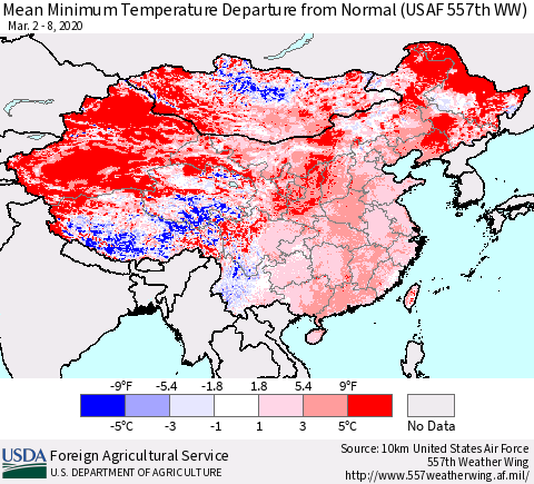 China, Mongolia and Taiwan Mean Minimum Temperature Departure from Normal (USAF 557th WW) Thematic Map For 3/2/2020 - 3/8/2020