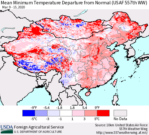 China, Mongolia and Taiwan Mean Minimum Temperature Departure from Normal (USAF 557th WW) Thematic Map For 3/9/2020 - 3/15/2020