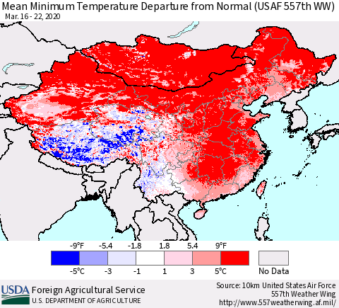 China, Mongolia and Taiwan Mean Minimum Temperature Departure from Normal (USAF 557th WW) Thematic Map For 3/16/2020 - 3/22/2020