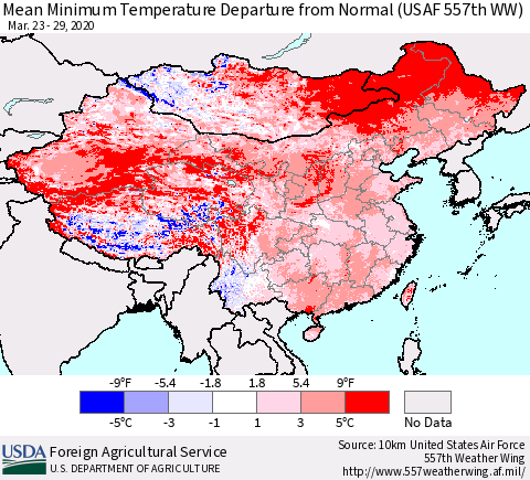 China, Mongolia and Taiwan Mean Minimum Temperature Departure from Normal (USAF 557th WW) Thematic Map For 3/23/2020 - 3/29/2020