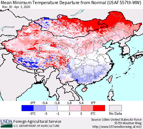 China, Mongolia and Taiwan Mean Minimum Temperature Departure from Normal (USAF 557th WW) Thematic Map For 3/30/2020 - 4/5/2020