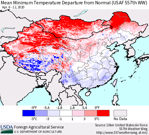 China, Mongolia and Taiwan Mean Minimum Temperature Departure from Normal (USAF 557th WW) Thematic Map For 4/6/2020 - 4/12/2020
