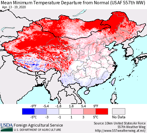 China, Mongolia and Taiwan Mean Minimum Temperature Departure from Normal (USAF 557th WW) Thematic Map For 4/13/2020 - 4/19/2020