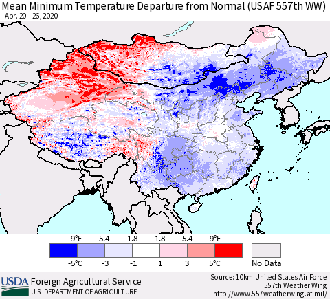 China, Mongolia and Taiwan Mean Minimum Temperature Departure from Normal (USAF 557th WW) Thematic Map For 4/20/2020 - 4/26/2020