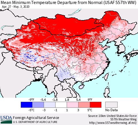 China, Mongolia and Taiwan Mean Minimum Temperature Departure from Normal (USAF 557th WW) Thematic Map For 4/27/2020 - 5/3/2020