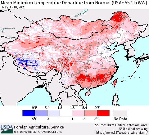 China, Mongolia and Taiwan Mean Minimum Temperature Departure from Normal (USAF 557th WW) Thematic Map For 5/4/2020 - 5/10/2020