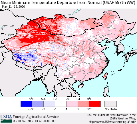 China, Mongolia and Taiwan Mean Minimum Temperature Departure from Normal (USAF 557th WW) Thematic Map For 5/11/2020 - 5/17/2020