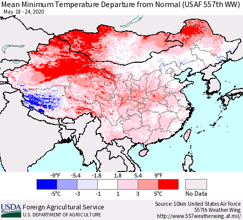 China, Mongolia and Taiwan Mean Minimum Temperature Departure from Normal (USAF 557th WW) Thematic Map For 5/18/2020 - 5/24/2020