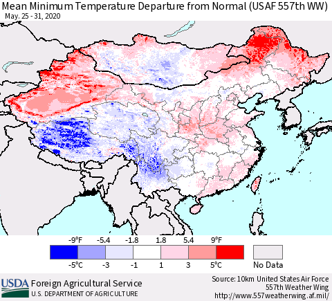 China, Mongolia and Taiwan Mean Minimum Temperature Departure from Normal (USAF 557th WW) Thematic Map For 5/25/2020 - 5/31/2020
