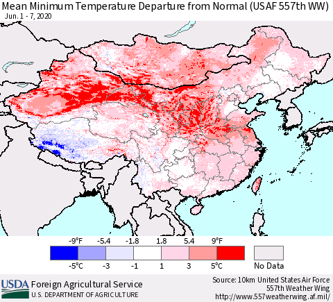 China, Mongolia and Taiwan Mean Minimum Temperature Departure from Normal (USAF 557th WW) Thematic Map For 6/1/2020 - 6/7/2020