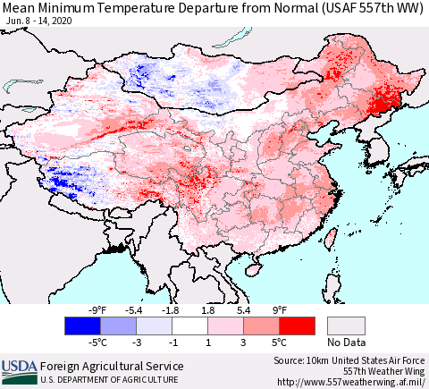 China, Mongolia and Taiwan Mean Minimum Temperature Departure from Normal (USAF 557th WW) Thematic Map For 6/8/2020 - 6/14/2020
