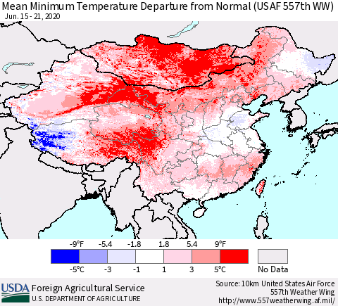 China, Mongolia and Taiwan Mean Minimum Temperature Departure from Normal (USAF 557th WW) Thematic Map For 6/15/2020 - 6/21/2020