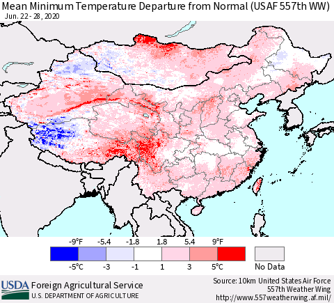 China, Mongolia and Taiwan Mean Minimum Temperature Departure from Normal (USAF 557th WW) Thematic Map For 6/22/2020 - 6/28/2020