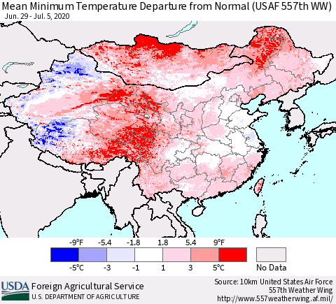 China, Mongolia and Taiwan Mean Minimum Temperature Departure from Normal (USAF 557th WW) Thematic Map For 6/29/2020 - 7/5/2020