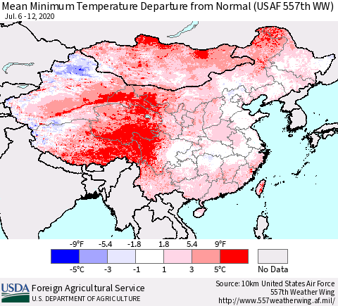 China, Mongolia and Taiwan Mean Minimum Temperature Departure from Normal (USAF 557th WW) Thematic Map For 7/6/2020 - 7/12/2020