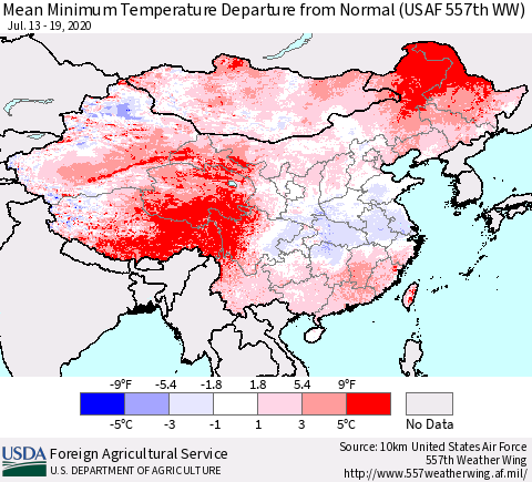 China, Mongolia and Taiwan Mean Minimum Temperature Departure from Normal (USAF 557th WW) Thematic Map For 7/13/2020 - 7/19/2020