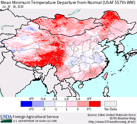 China, Mongolia and Taiwan Mean Minimum Temperature Departure from Normal (USAF 557th WW) Thematic Map For 7/20/2020 - 7/26/2020
