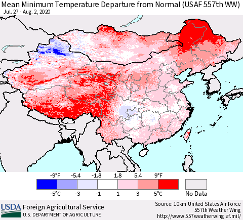 China, Mongolia and Taiwan Mean Minimum Temperature Departure from Normal (USAF 557th WW) Thematic Map For 7/27/2020 - 8/2/2020