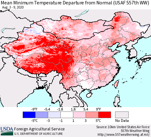 China, Mongolia and Taiwan Mean Minimum Temperature Departure from Normal (USAF 557th WW) Thematic Map For 8/3/2020 - 8/9/2020