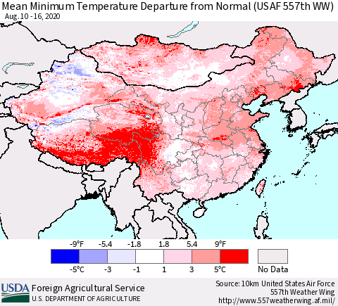 China, Mongolia and Taiwan Mean Minimum Temperature Departure from Normal (USAF 557th WW) Thematic Map For 8/10/2020 - 8/16/2020