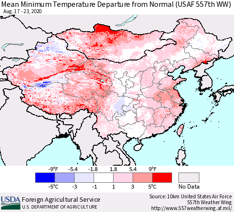 China, Mongolia and Taiwan Mean Minimum Temperature Departure from Normal (USAF 557th WW) Thematic Map For 8/17/2020 - 8/23/2020