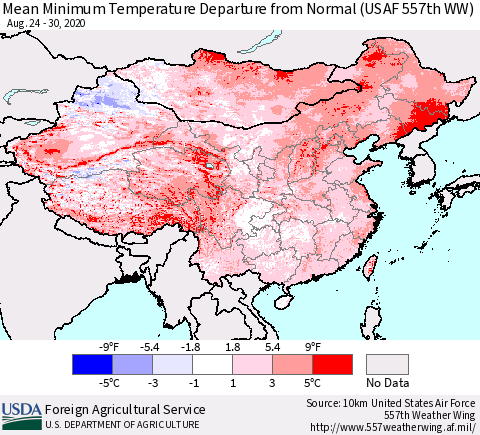 China, Mongolia and Taiwan Mean Minimum Temperature Departure from Normal (USAF 557th WW) Thematic Map For 8/24/2020 - 8/30/2020