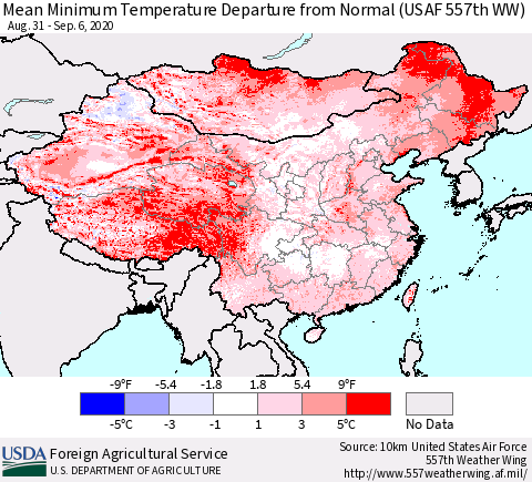 China, Mongolia and Taiwan Mean Minimum Temperature Departure from Normal (USAF 557th WW) Thematic Map For 8/31/2020 - 9/6/2020